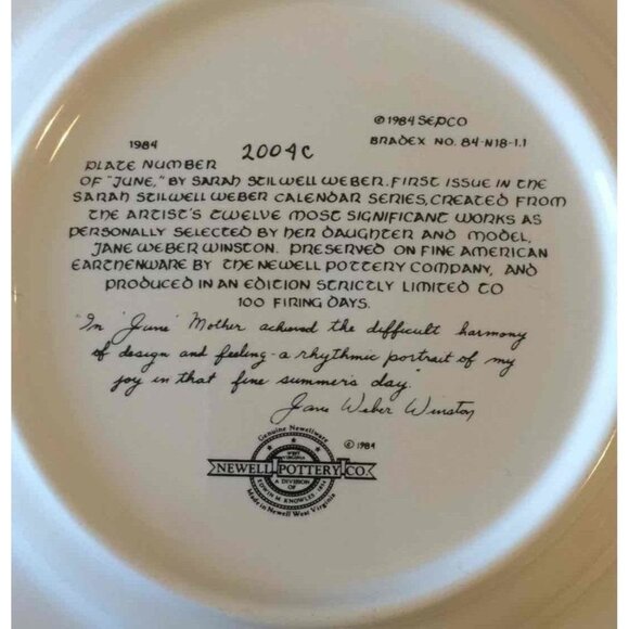 Newell Pottery Co Sarah Weber Calendar Numbered Collector Plate JUNE‎ 1984 Sepco - Picture 6 of 12